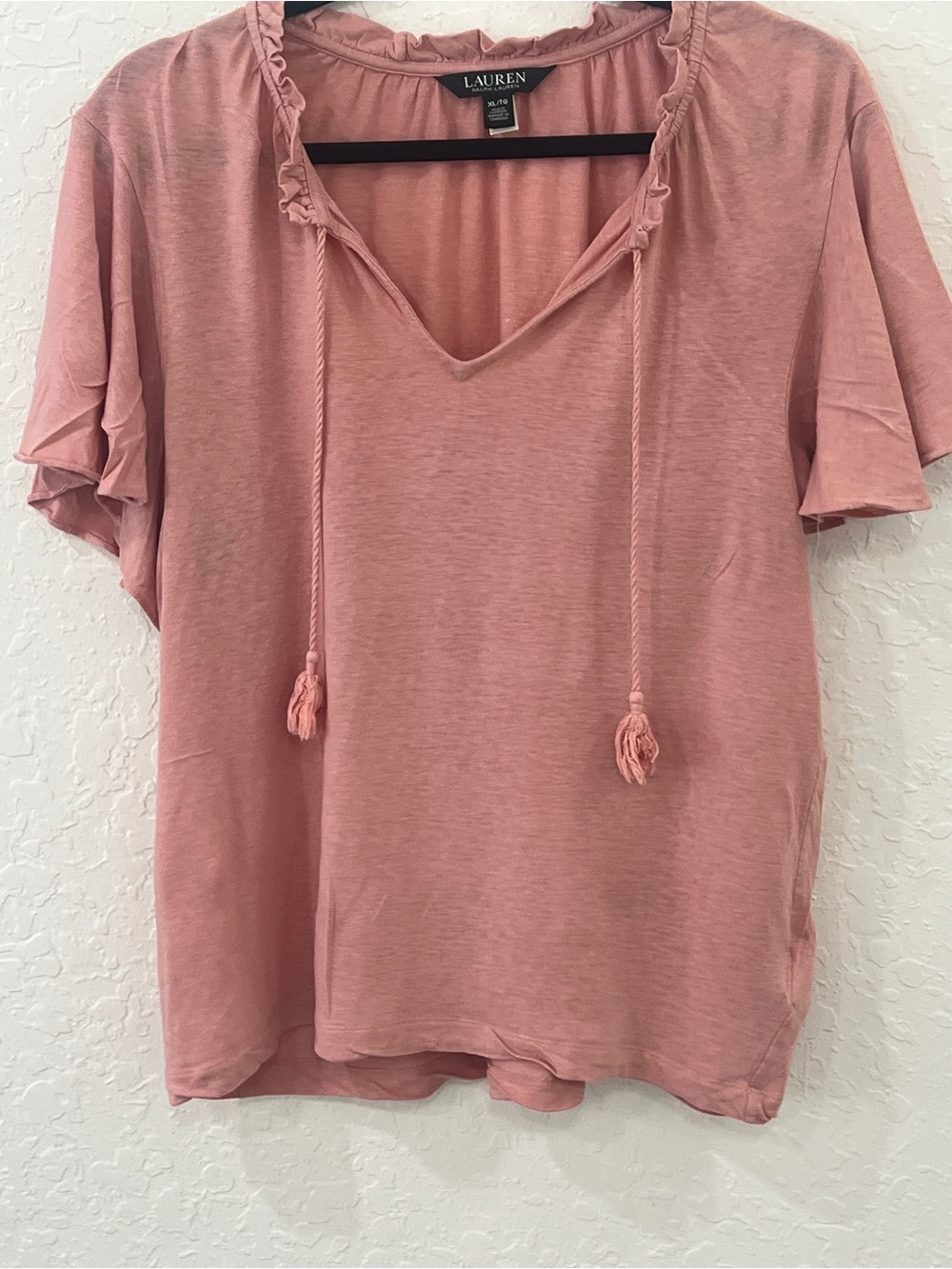 Ralph Lauren Rose Pink Ruffle-Trim V-Neck Tie Short Sleeve Top